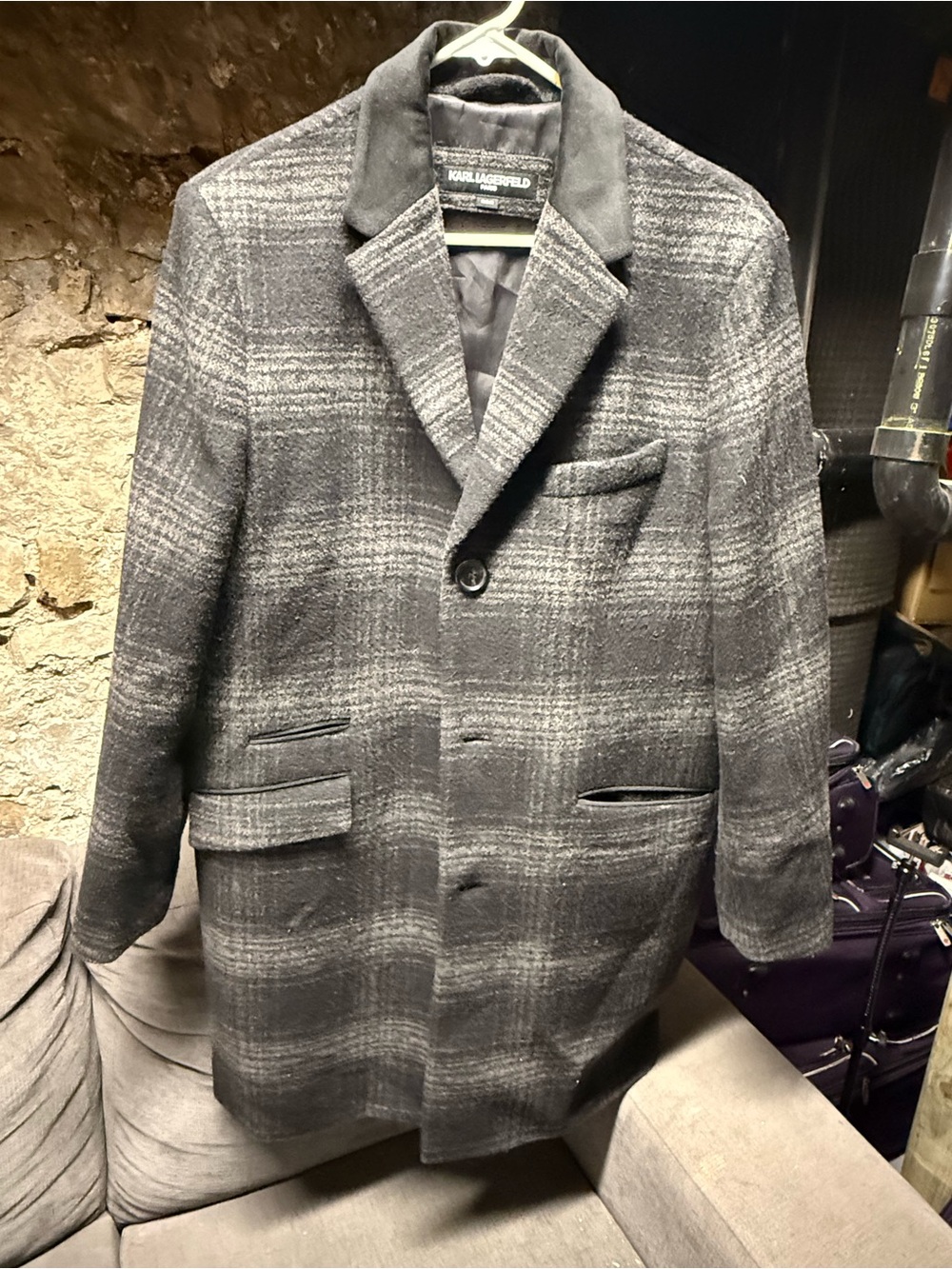 Karl Lagerfeld Paris Men's Plaid Long Overcoat Button Black Gray Large